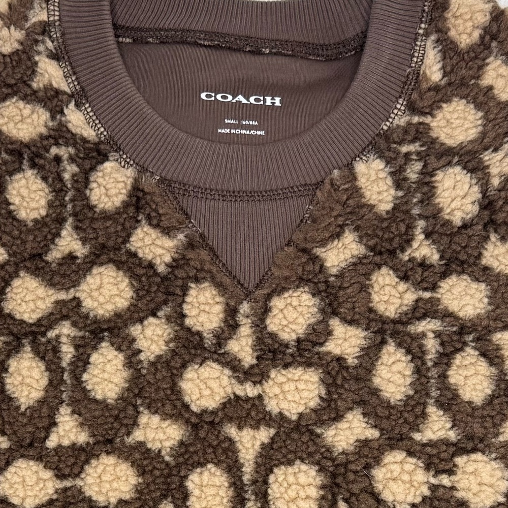 Coach Signature Monogram Sherpa Fleece Pullover Sweatshirt Brown Tan Women’s S - Picture 2 of 5